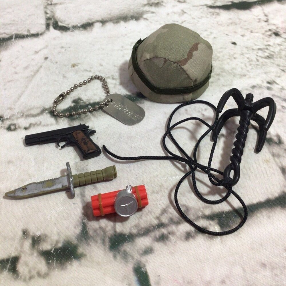 12” G.I. Joe Accessories Lot Helmet‎ Hat Grappling Hook TNT Dog Tags Knife